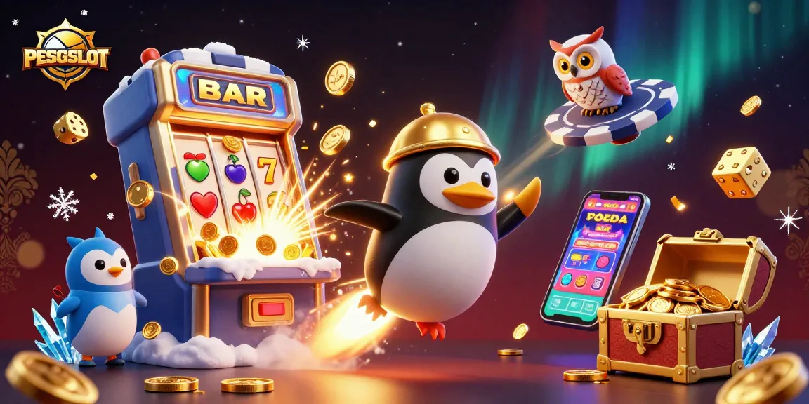 PESGSLOT showcases a vibrant casino scene with a golden penguin, slot machines, and fireworks for gaming enthusiasts.