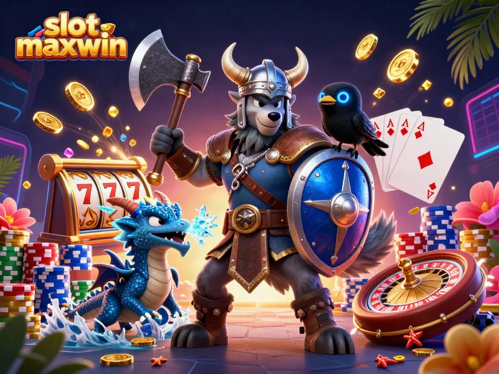 Experience the excitement of slot maxwin with a heroic Viking warrior, a fierce dragon, and a mystical raven amidst casino elements.