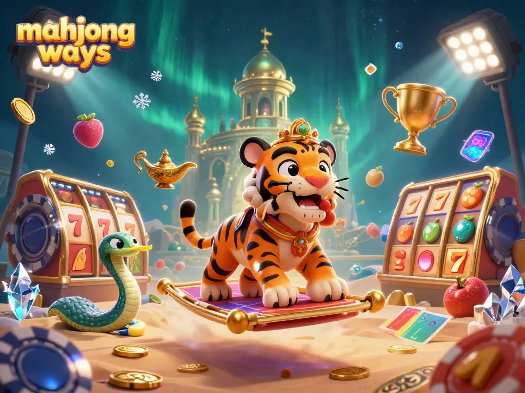 Experience Mahjong Ways slot action with a vibrant tiger sultan in a richly detailed casino landscape.