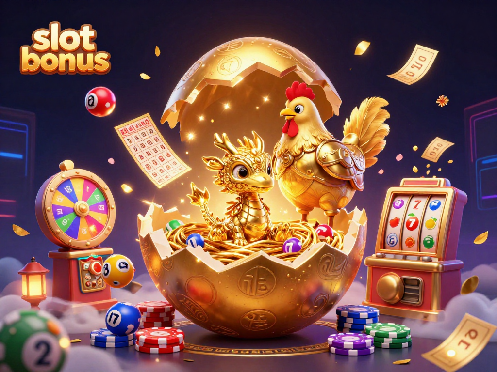 Experience the thrill of the slot bonus with a golden dragon, poker chips, and vibrant casino elements!
