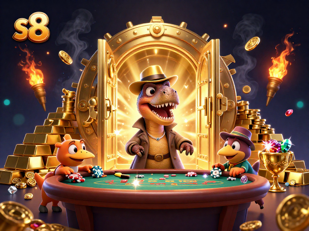 S8's velociraptor card counter nervously plays blackjack while treasures burst around him