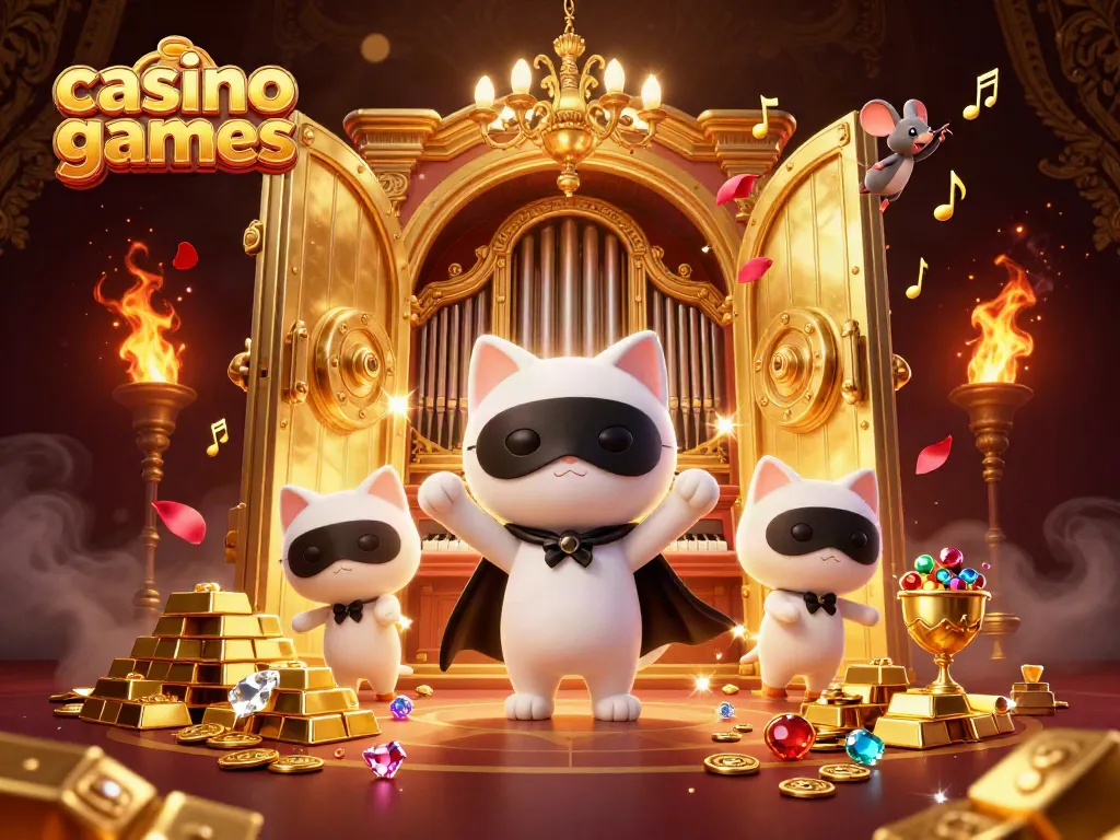 Experience thrilling casino games with this colorful 3D illustration featuring unique characters and gold treasures.