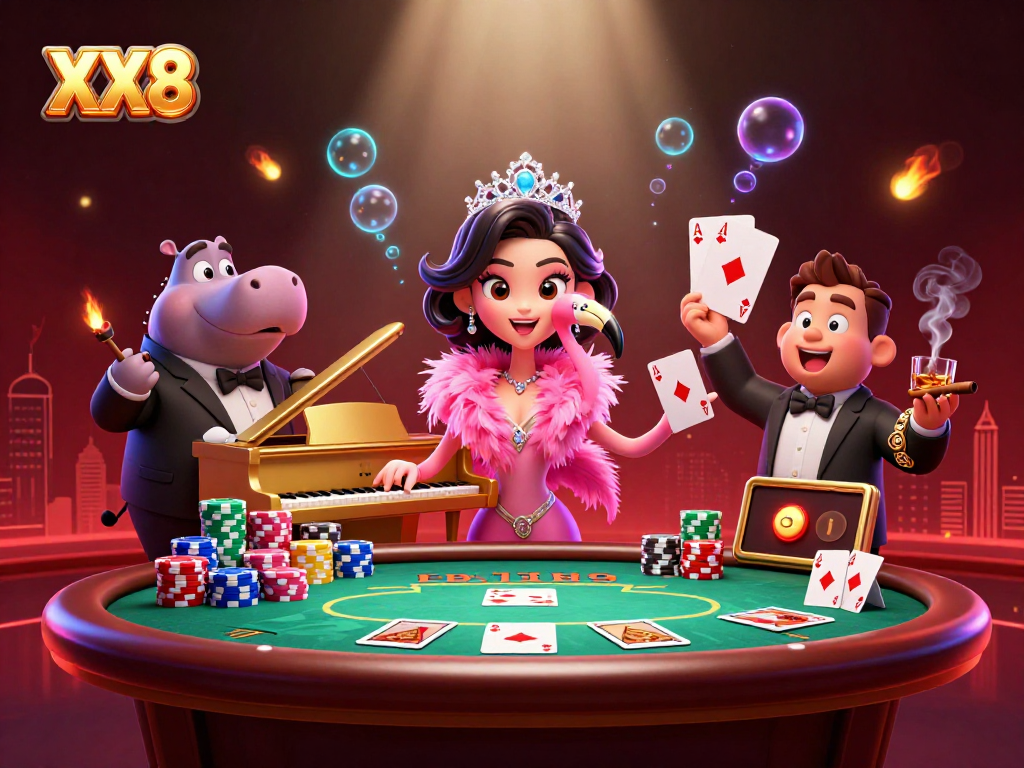 Win big with XX8 in a vibrant casino scene featuring lively characters and poker elements.