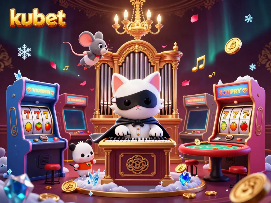 Kubet brings alive table games and organ music in a vibrant casino scene with fantasy characters.