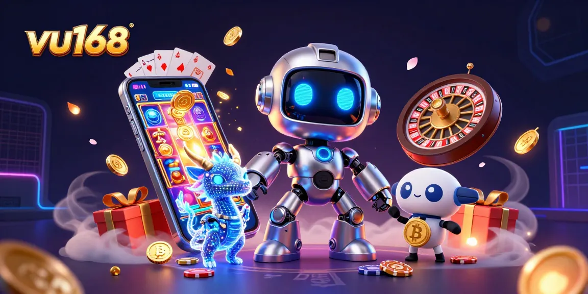 Experience immersive gaming with vu168, featuring a cyberpunk mascot and exciting casino elements.
