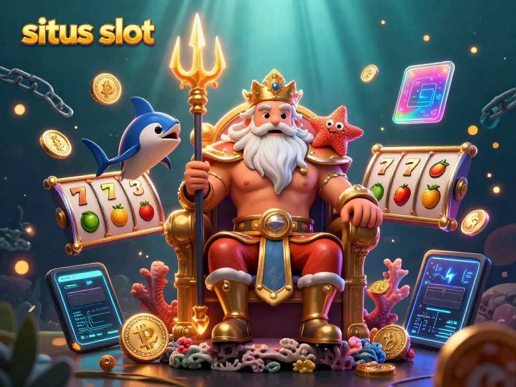 Menggenggam situs slot, Raja Laut dengan mahkota terbuat dari bintang laut menghiasinya, dikelilingi oleh simbol permainan dan koin crypto yang bersinar.
