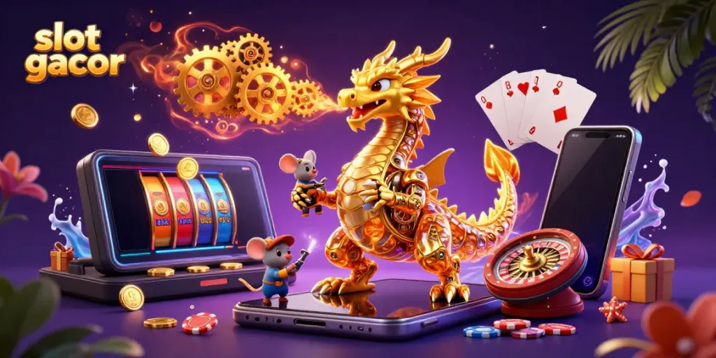 Experience the thrill of slot gacor with a golden dragon and lively gaming elements.