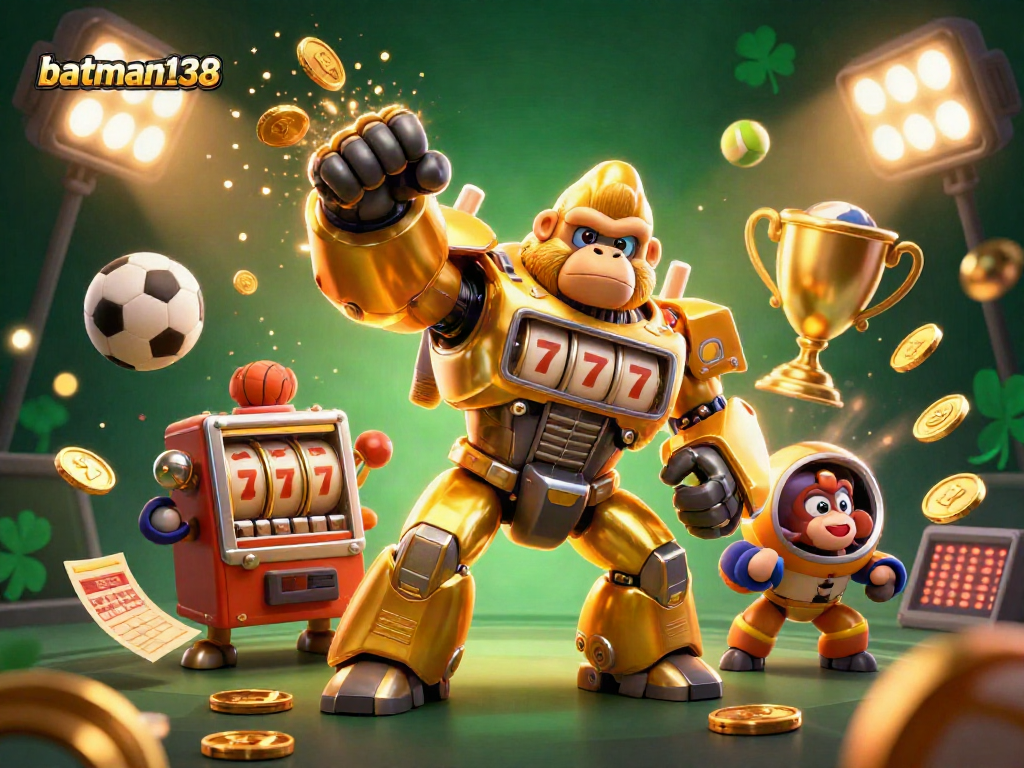 Experience jackpots with batman138 in this dynamic illustration of a golden gorilla mech and sports elements.