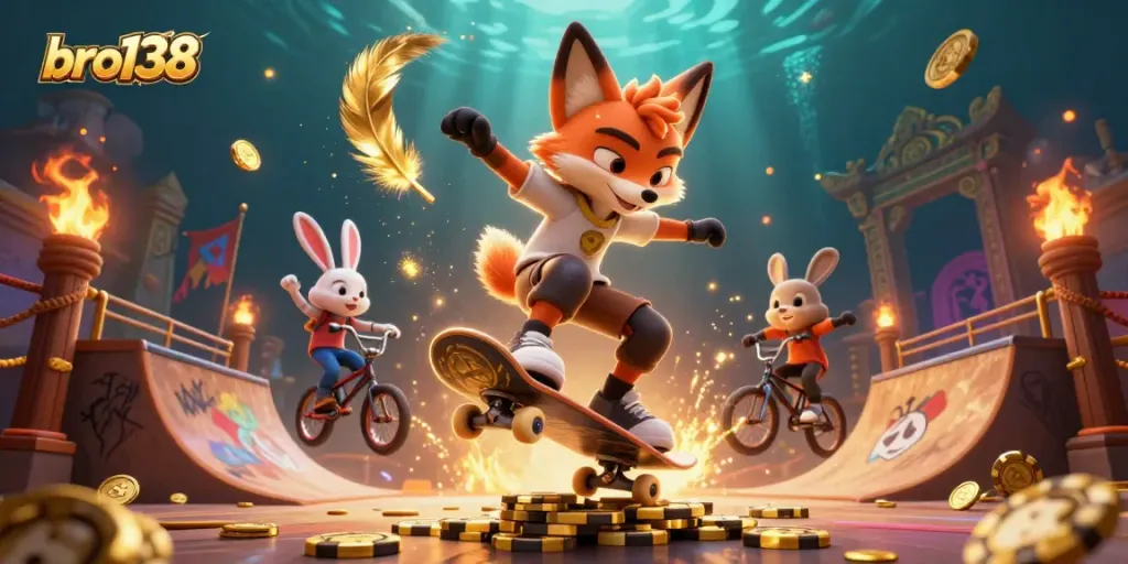 Watch the bro138 fox skateboarder perform over golden poker chips in this dynamic casino scene.