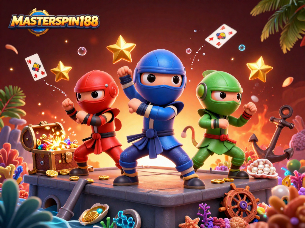 Join the excitement of MASTERSPIN188 with ninja chameleons amidst vibrant casino elements in a dynamic 3D illustration.