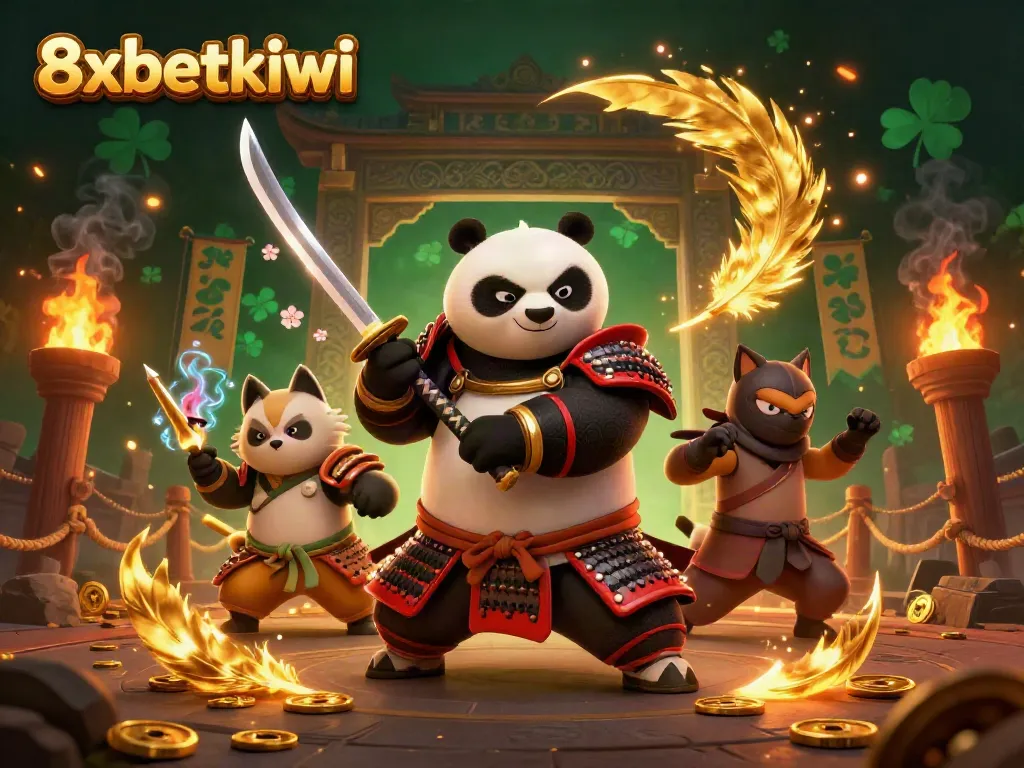 Engage in thrilling gameplay at 8xbetkiwi with a vibrant scene featuring a samurai panda and a ninja fox in action.
