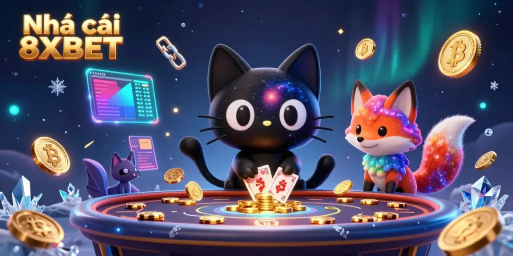 Engaging cosmic casino scene with Nhà cái 8XBET characters fantastically pulling in chips and cards