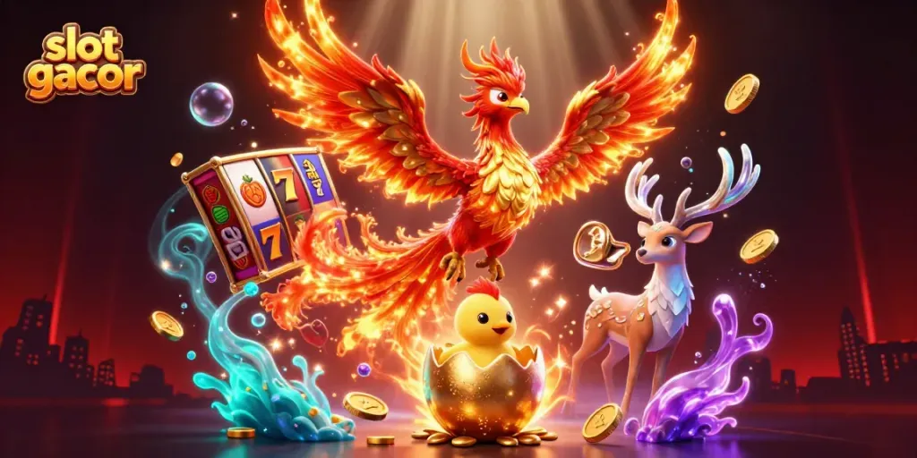 Experience thrilling slot gacor action with a phoenix and mystical stag in vibrant 3D illustration.