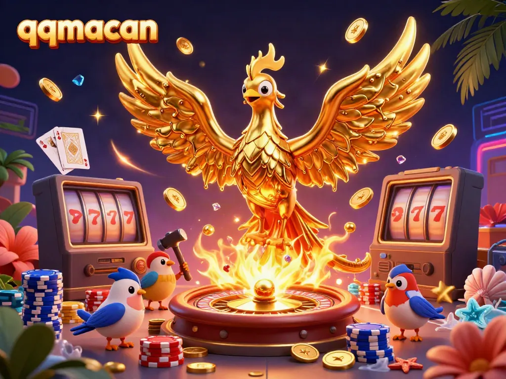 Engage with qqmacan's immersive gaming experience as golden phoenixes and casino elements shine.
