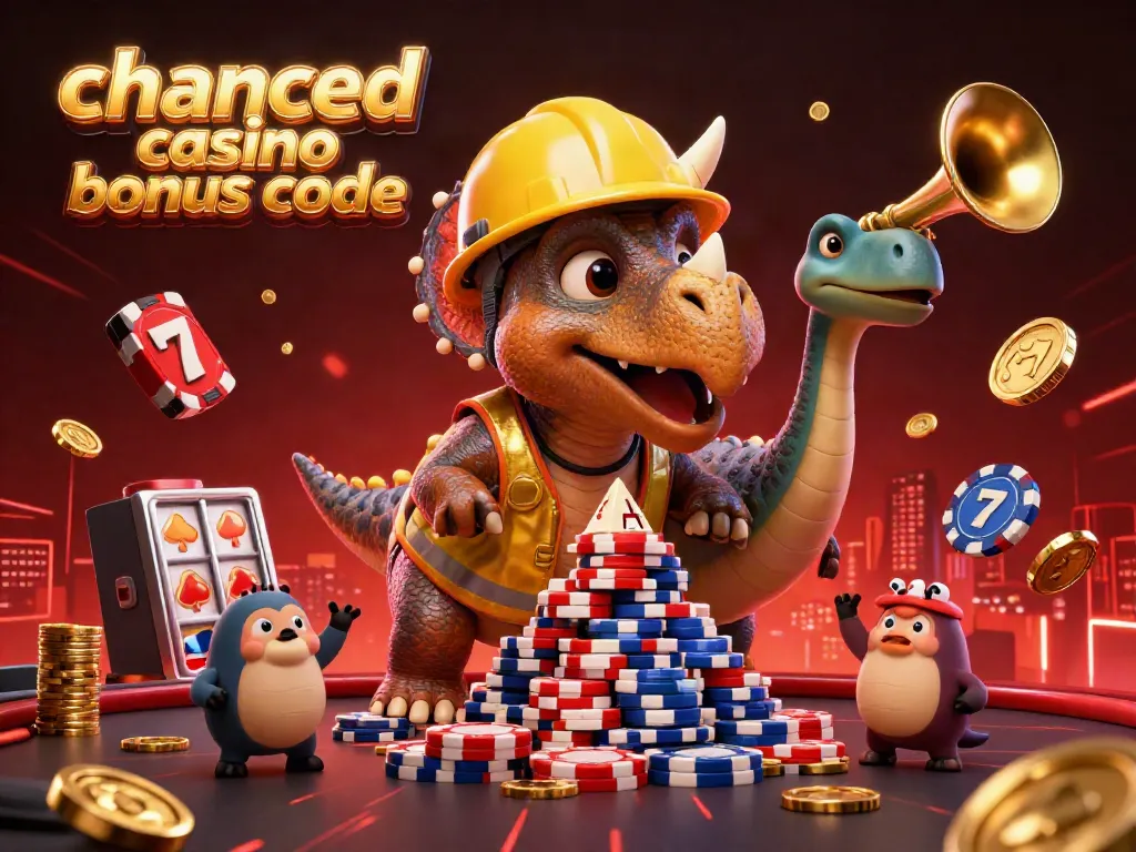 Celebrate with the chanced casino bonus code as a cheerful dinosaur builds poker chip pyramids in a lively casino scene.