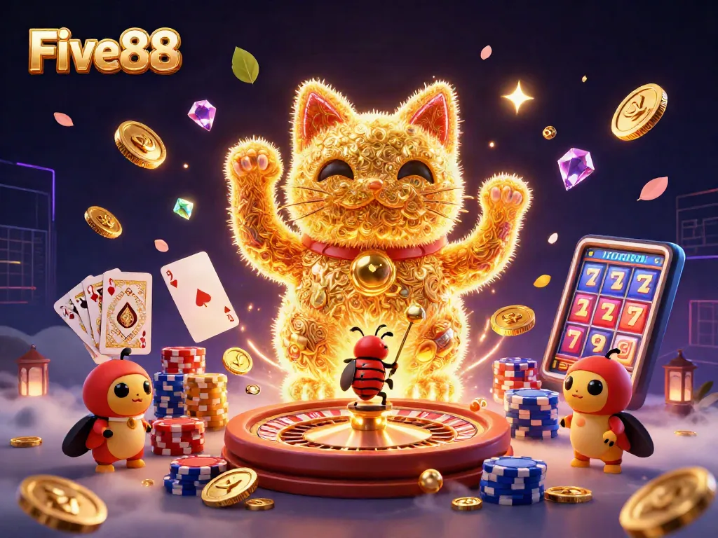 Experience the excitement of Five88's lucky cat casino scene with vibrant gaming symbols and golden treasures.