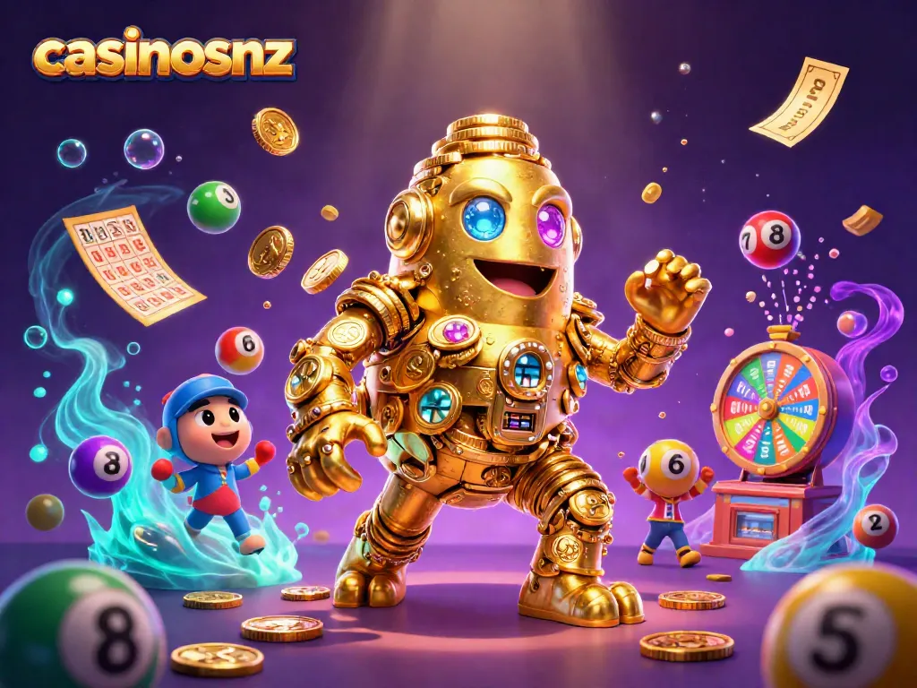 Engage with casinosnz for thrilling animated lottery balls and casino games in a vibrant scene.