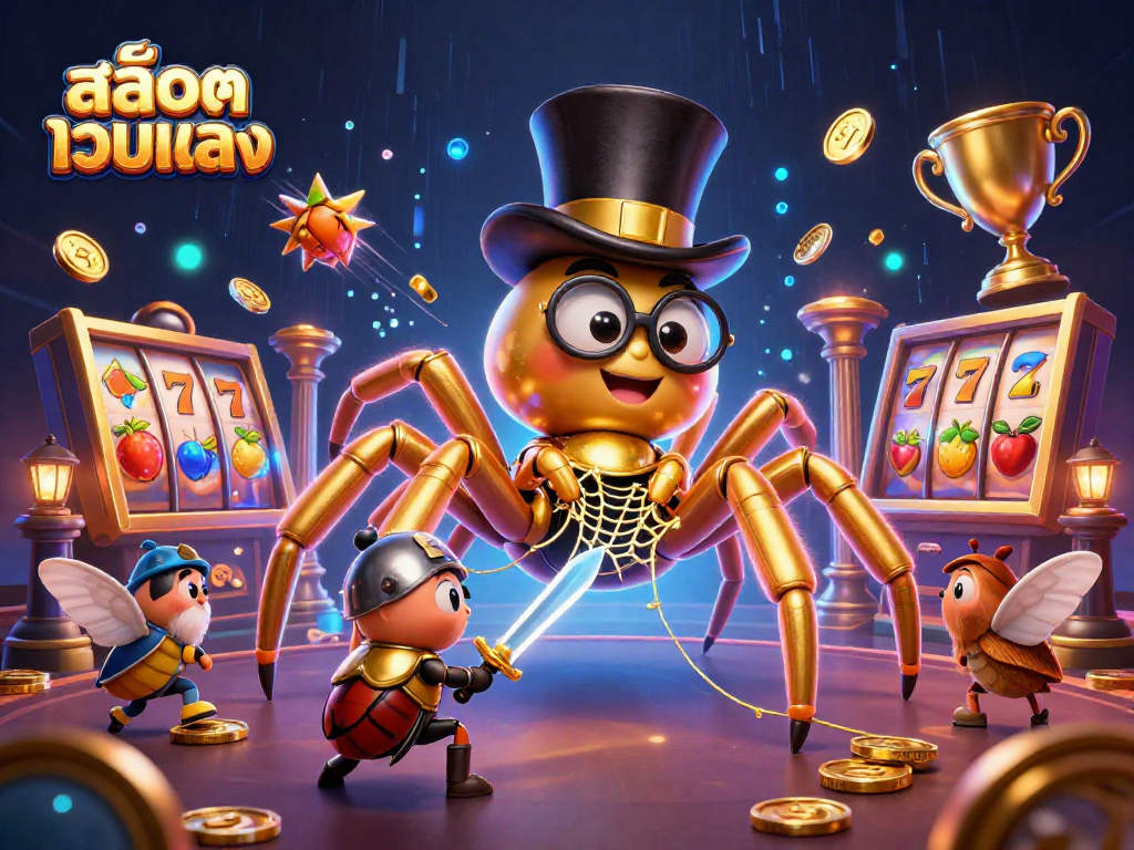 Experience the thrill of สล็อตเว็บตรง with a giant golden tarantula orchestrating wins between spinning slot reels.
