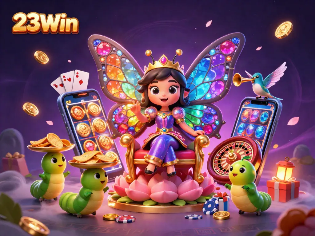Experience thrilling wins with 23Win in this vibrant casino illustration filled with game elements.