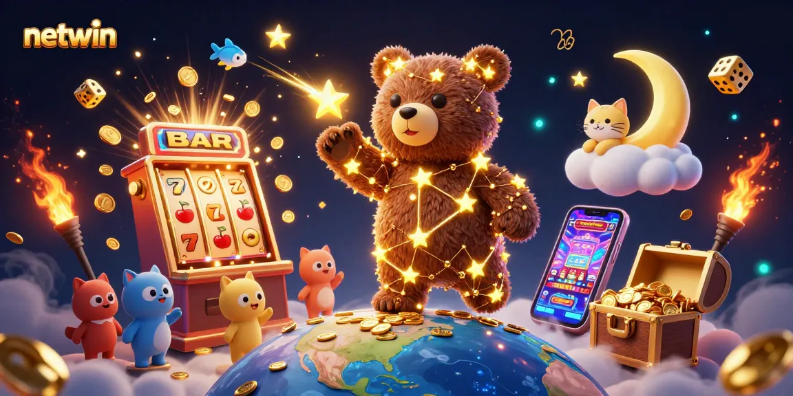 Experience netwin's vibrant online casino universe with a golden constellation bear and jackpot explosion.