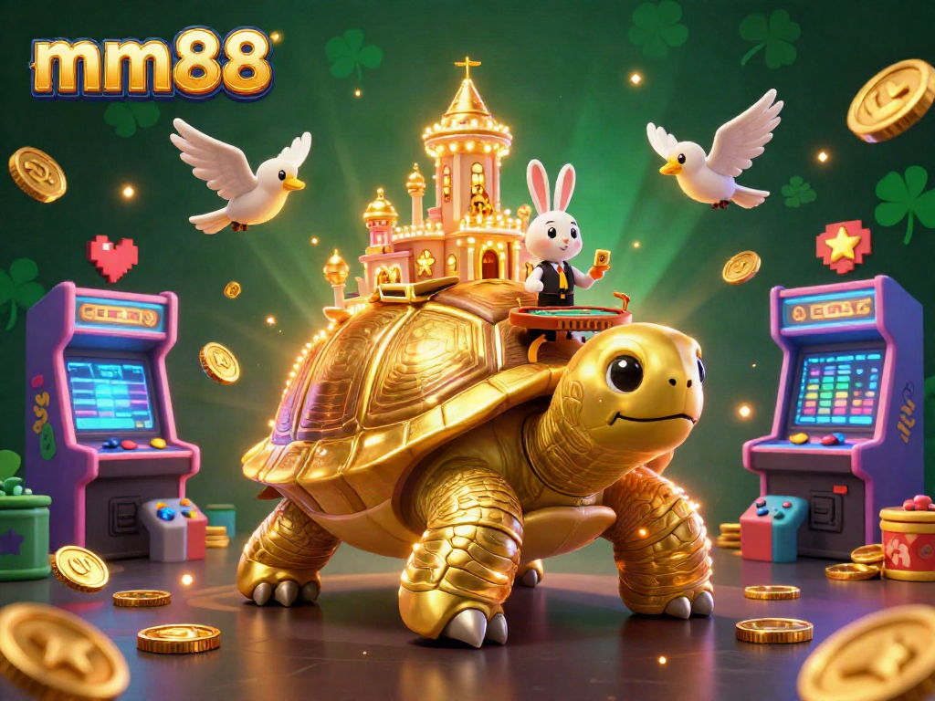 mm88 showcases a vibrant 3D casino scene with a golden tortoise casino, rabbit dealer, and flying coins.