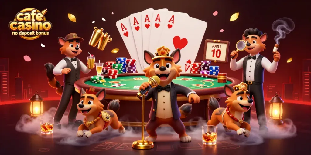 Experience the excitement of the cafe casino no deposit bonus with vibrant hyena characters at a dynamic comedy casino scene.