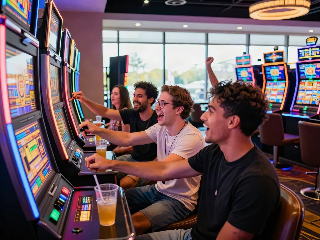 Friends enjoying the excitement of สล็อต machines at a modern casino.