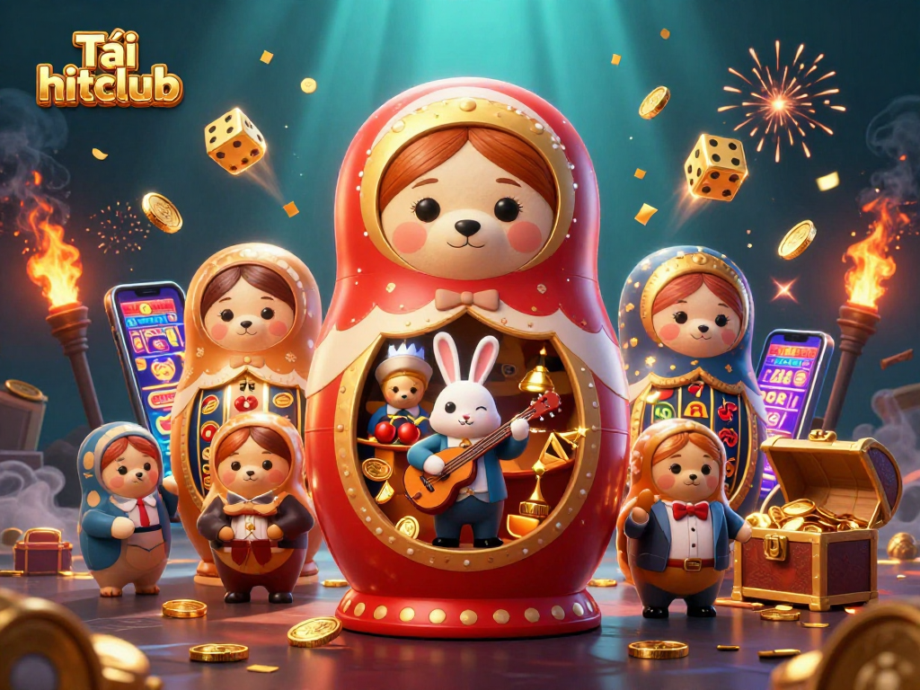 Experience excitement with Tải hitclub, showcasing animated bears, slot machines, and vibrant casino elements.