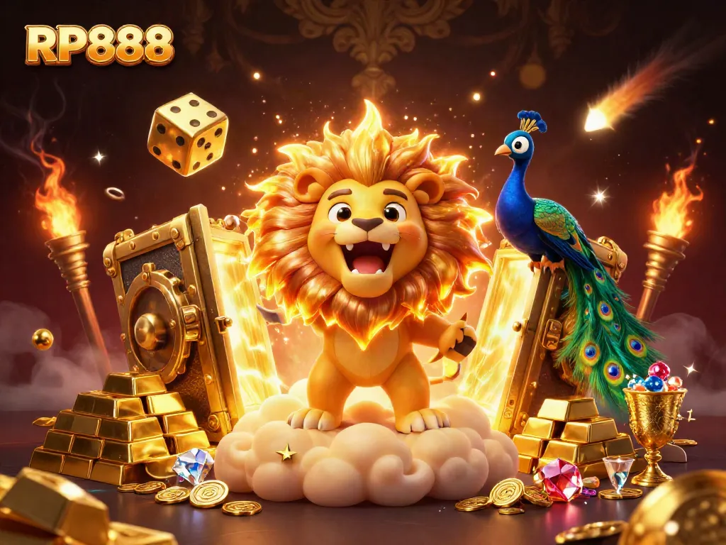 Engage with the RP888 slot experience through this vibrant 3D casino illustration showcasing riches and adventure.