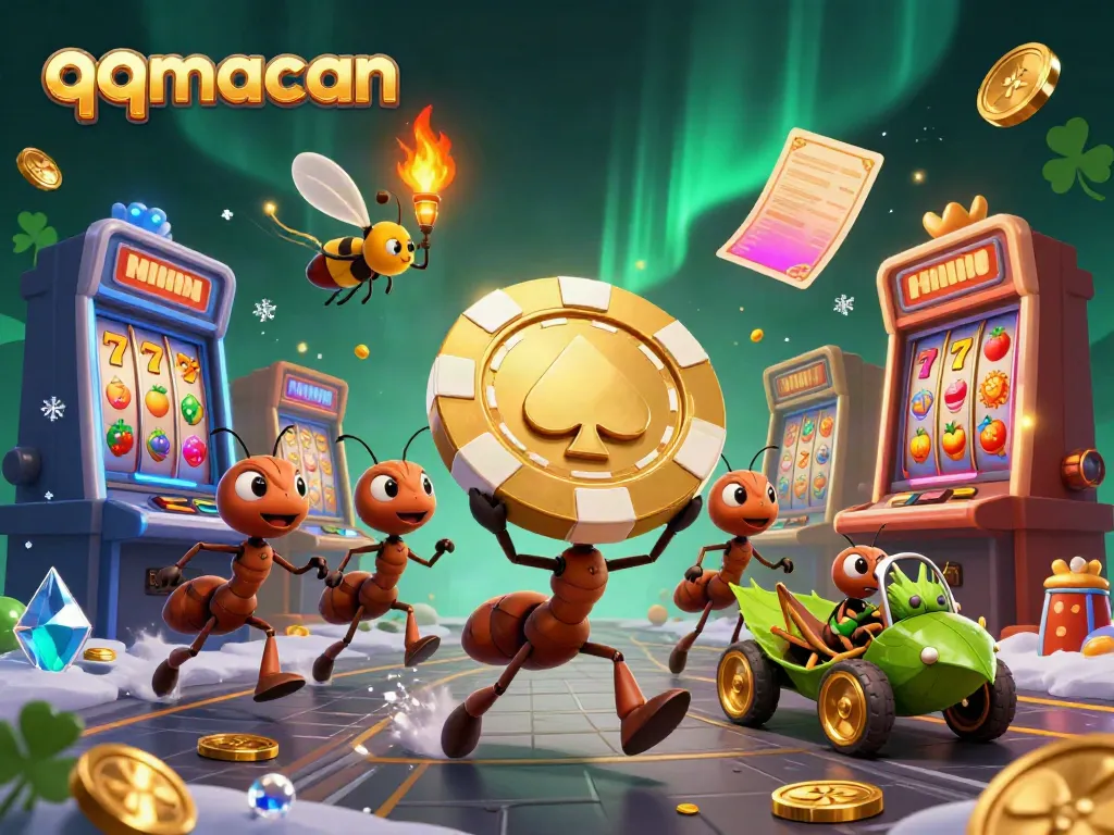 Ants carry a massive poker chip in a heist for qqmacan, surrounded by dynamic casino elements.