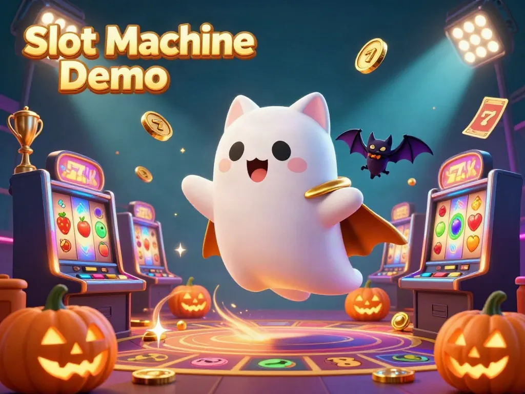 Engage with Slot Machine Demo through a vibrant 3D casino scene featuring playful characters and colorful slot elements.