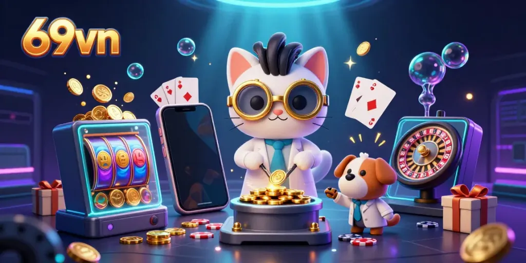Experience thrilling gameplay with 69vn's cartoon casino scene filled with vibrant elements and characters.