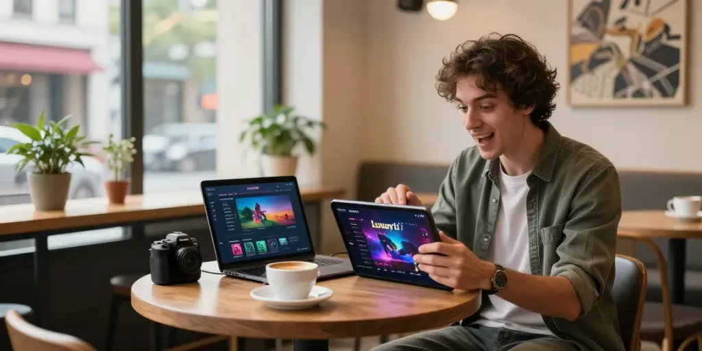 Engaged user enjoying luxury12 login on tablet in a lively café atmosphere.