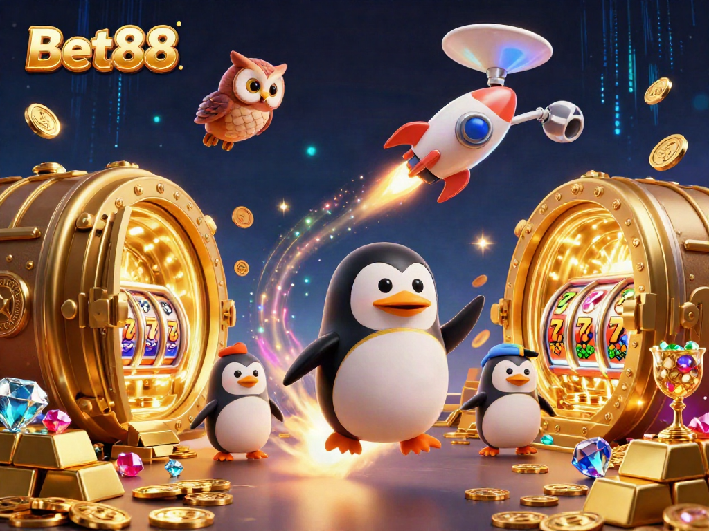 Bet88 casino-themed illustration with a golden penguin and vibrant gaming elements.