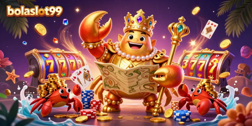 Spin to win at bolaslot99 with a 3D crab emperor and vibrant slot machine reels.