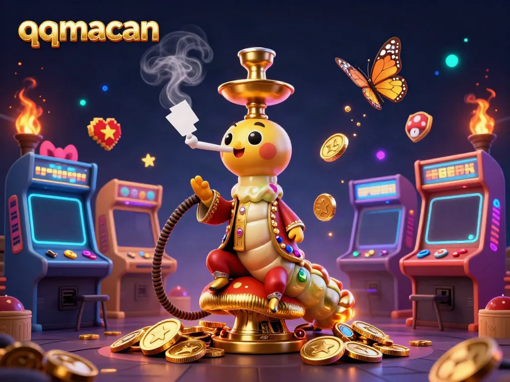 Engage with qqmacan's vibrant 3D casino scene featuring a caterpillar in a sultan outfit.