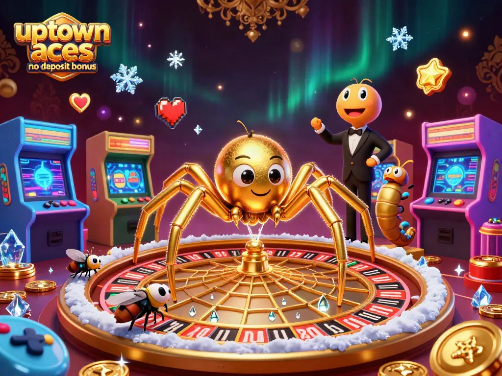 Experience the excitement of the uptown aces no deposit bonus with this vibrant 3D illustration featuring a golden spider and a centipede croupier!