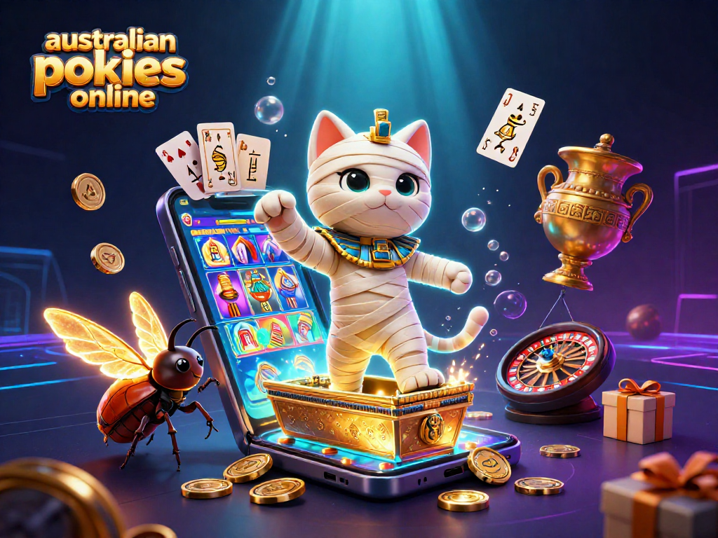 Engage with australian pokies online featuring a vibrant Egyptian mummy cat in a dynamic casino scene