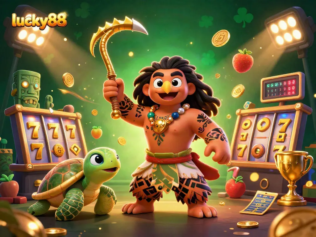 Engage in dynamic slot gaming excitement with lucky88 in this vibrant 3D illustration.