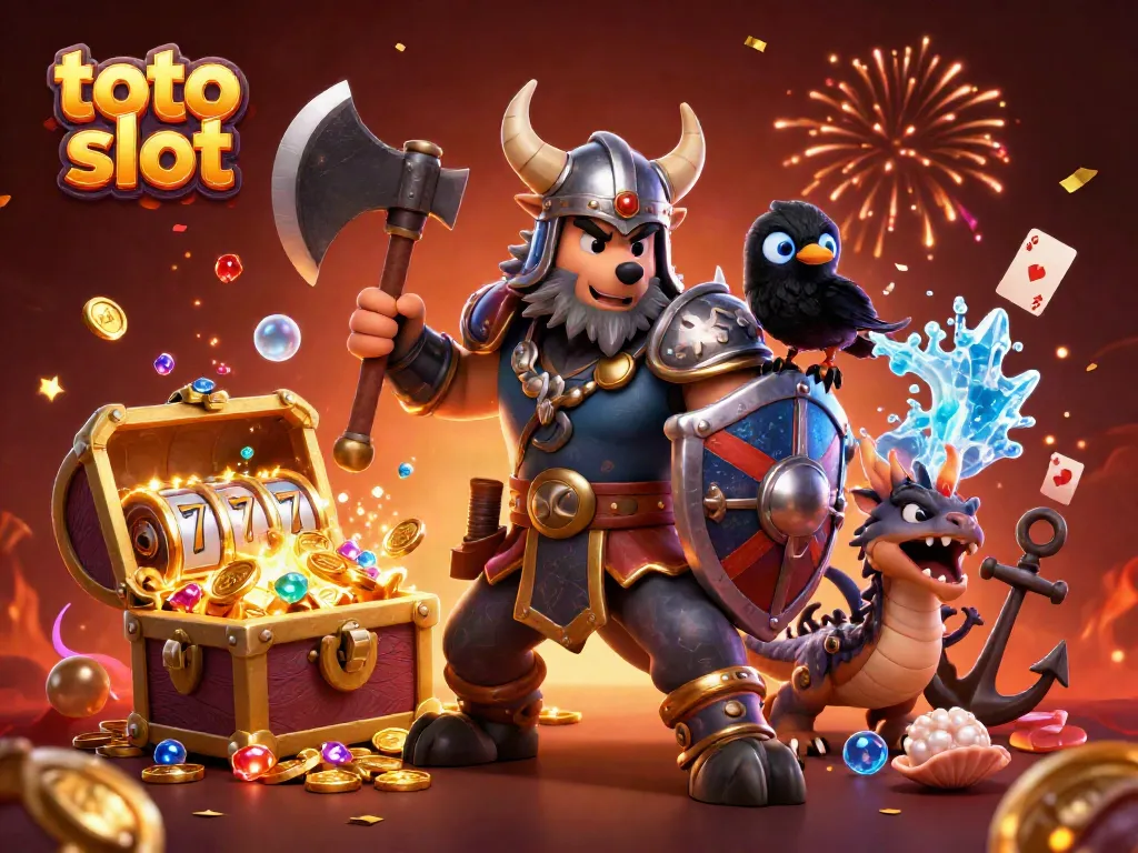 Experience the thrill of toto slot with a Viking wolf warrior and magical elements in a vibrant casino setting.