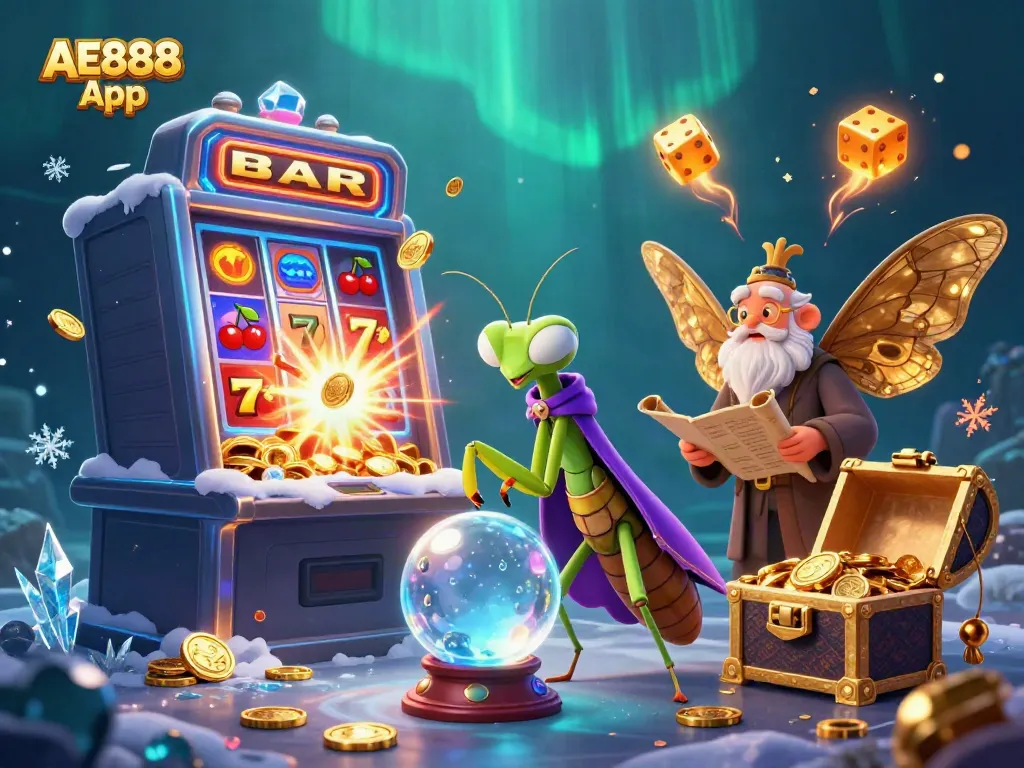 Engage with the AE888 App through a vibrant 3D illustration showcasing fortune-telling characters amidst dynamic casino game elements.