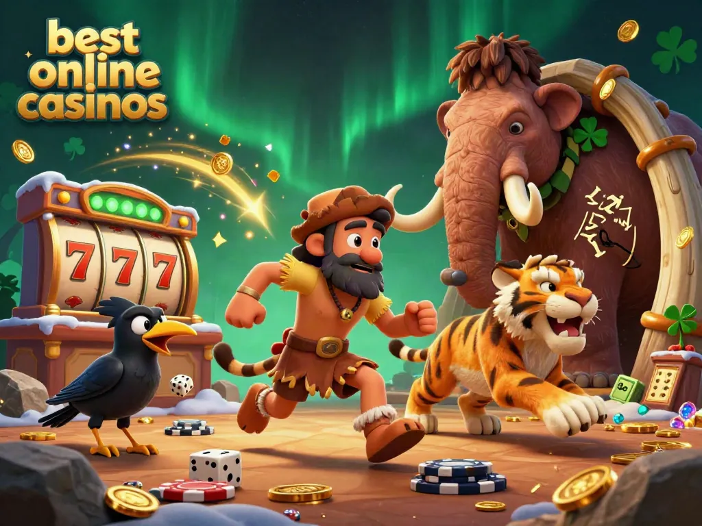 Experience the best online casinos with a lively prehistoric casino scene featuring a caveman, sabertooth tiger, and crow.