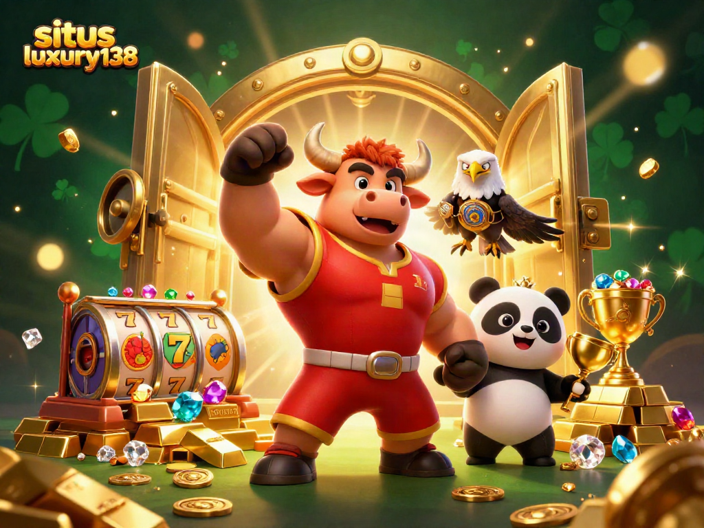 Situs luxury138 menghadirkan kemenangan besar dengan simbol slot berkilau dan karakter meriah di kasino virtual.