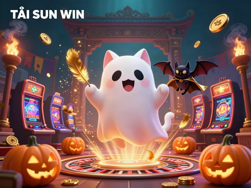 TẢI SUN WIN game app promotion featuring a friendly ghost cat and a golden-caped bat in a vibrant casino scene.