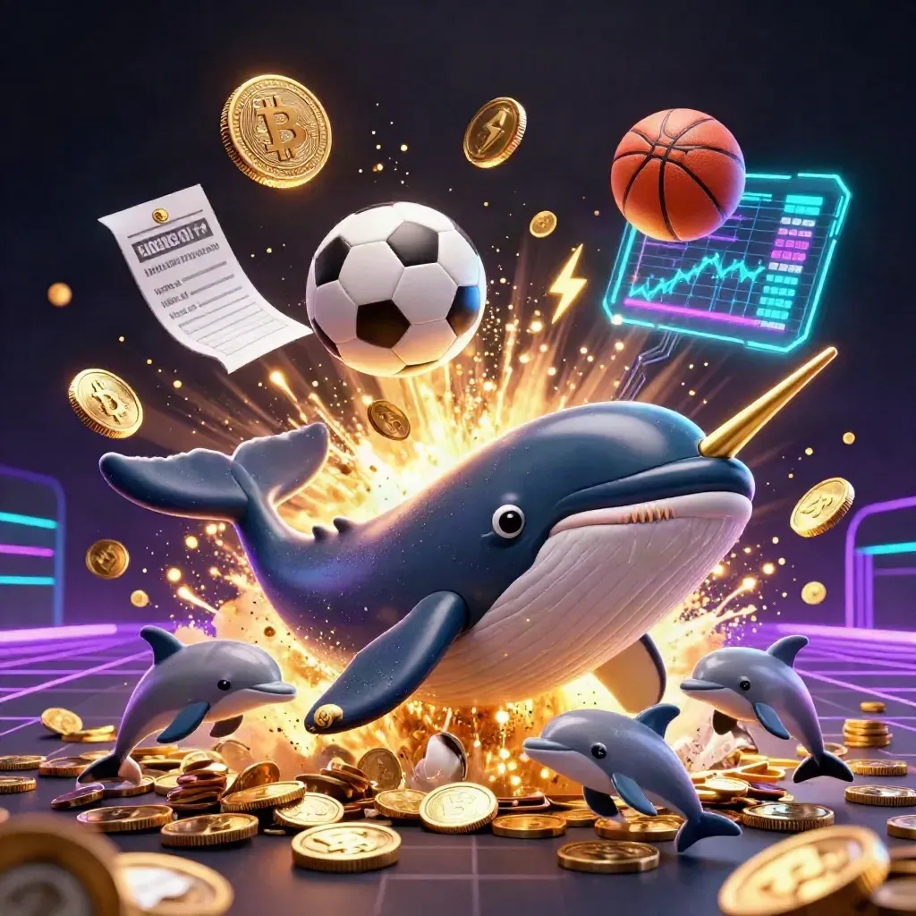 Neon casino splash with whale captain, narwhal, dolphins, coins, balls, and blazing light.