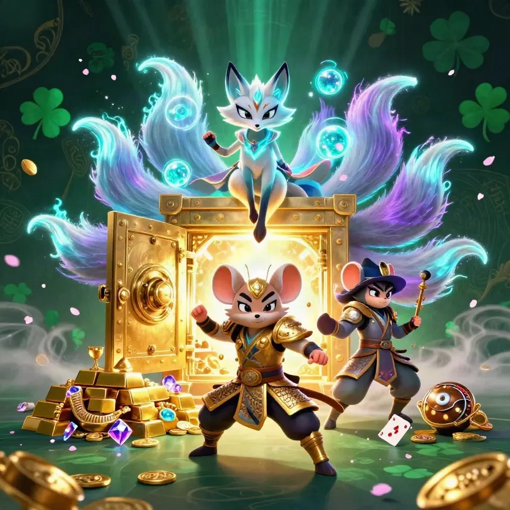 Nine-tailed fox spirit and golden samurai mouse amid treasure vault light, neon casino fantasy.