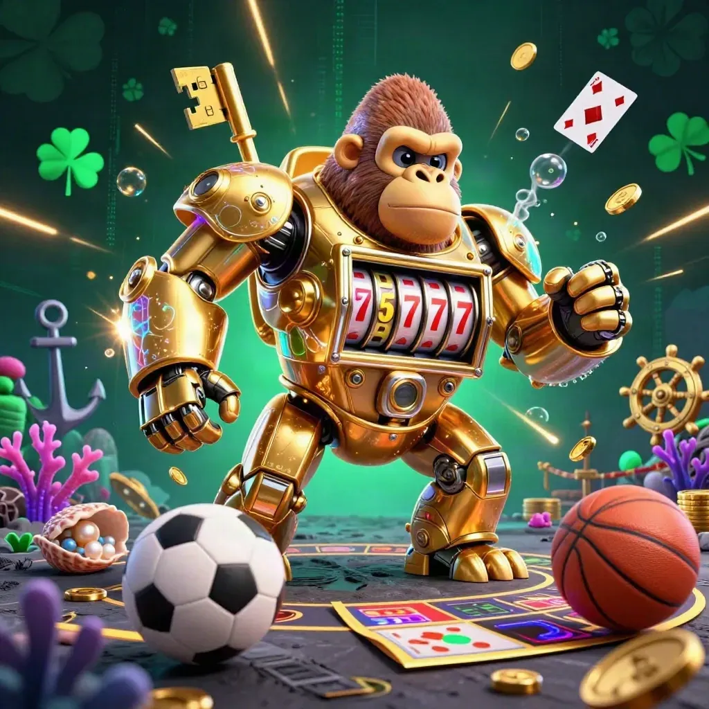 Golden gorilla slot-mech amid flying sports balls, coins, coral, and neon casino light.
