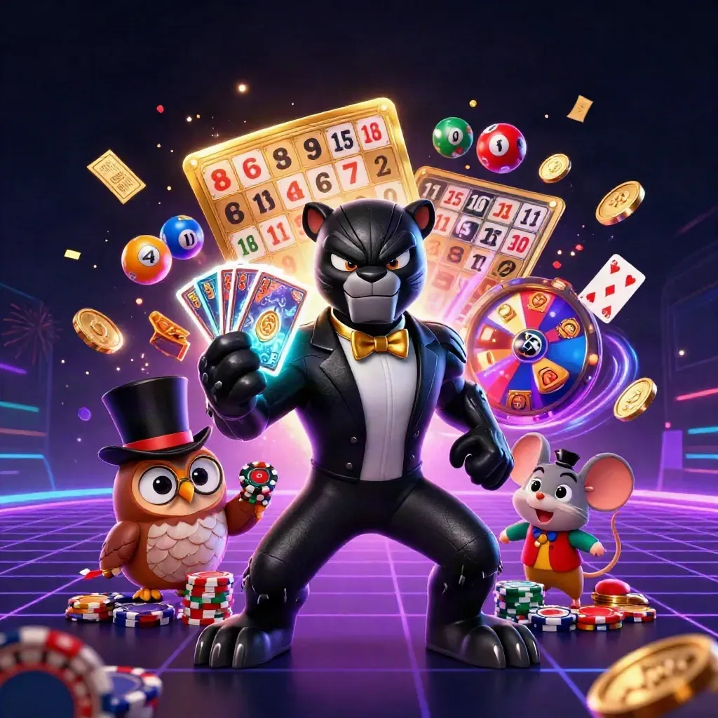 Panther, owl, and mouse amid glowing casino game elements in a neon cyberpunk burst.