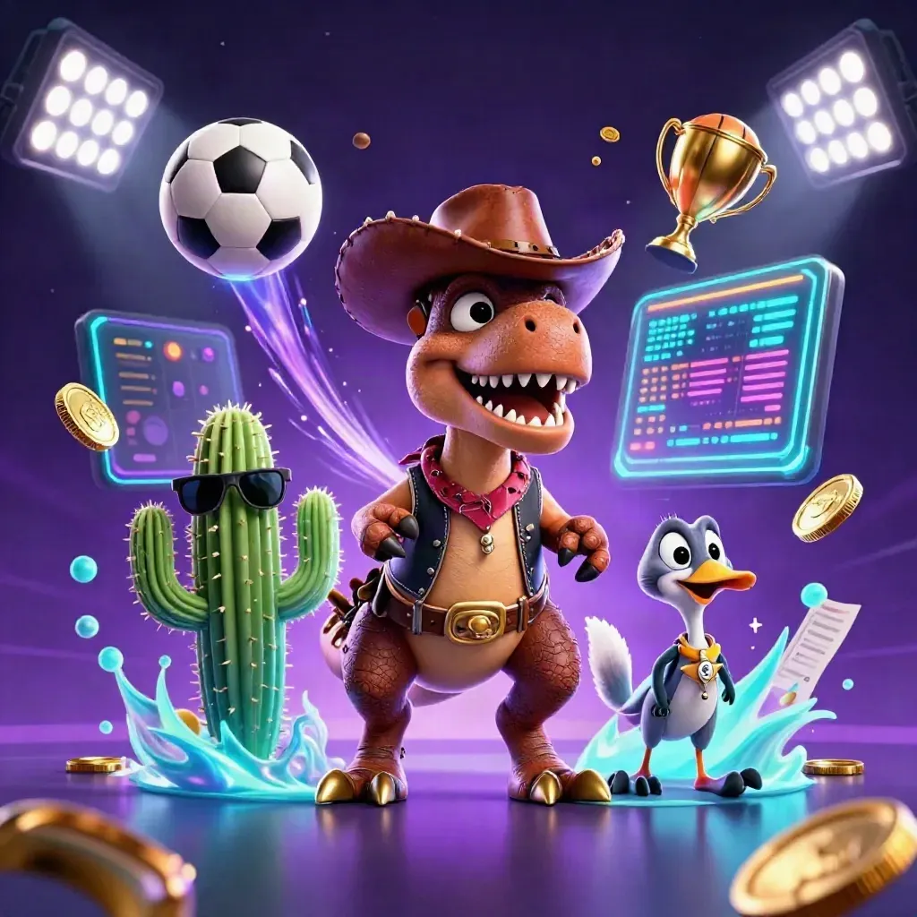 Cowboy T-Rex, cactus sidekick, and roadrunner amid flying sports balls and neon casino lights.