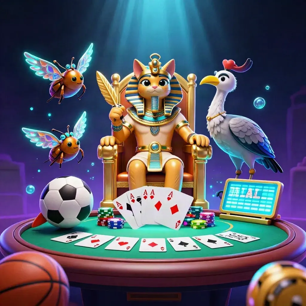 Pharaoh cat, ibis scribe, and gem-winged scarabs amid poker chips, cards, and sports balls.